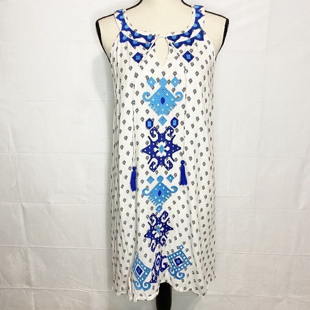 NWT THML Sundress Embroidered White Blue Sleeveless Size XS Lined Tassels